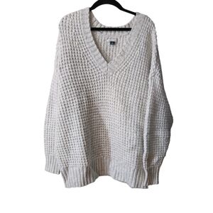 American Eagle Outfitters Cream Waffle V-Neck Sweater
